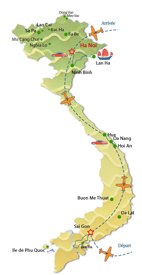 Carte du circuit Vietnam en libert&eacute; du nord au sud sur mesure avec l'agence locale